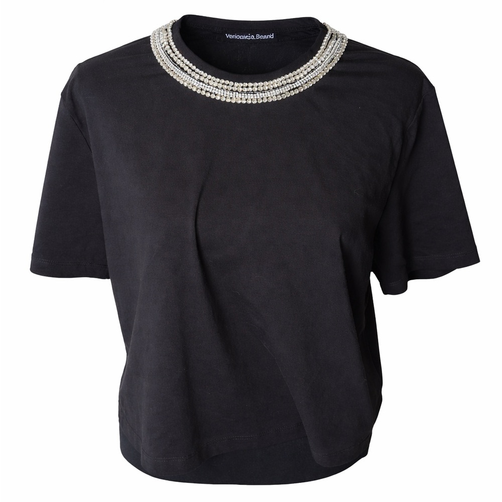 Veronica Beard Embellished‎ Neck Tee Black Stretch Top Glam Minimalist- Medium